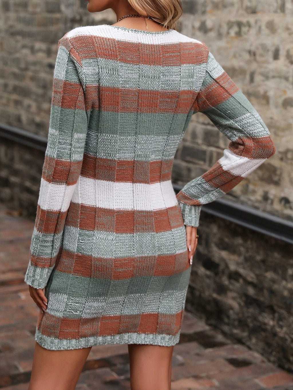 EMERY ROSE Color-Block Pattern Dual Pocket Sweater Dress Fall Winter Cloth for Women